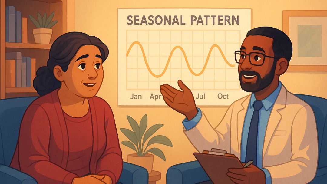 "Doctor explaining seasonal depression diagnosis using seasonal pattern chart to patient.