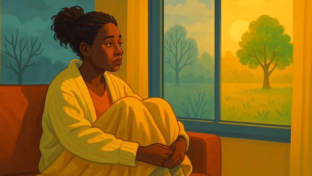 Woman with seasonal depression observing changing seasons from winter to spring through window.