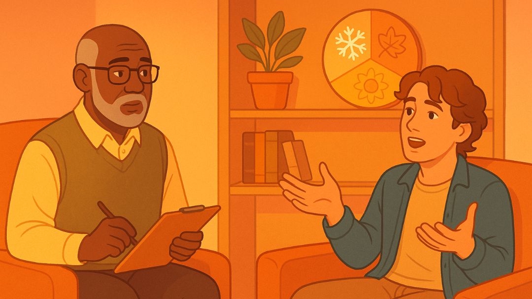 Therapist providing seasonal depression support to patient with seasonal cycle chart in background.