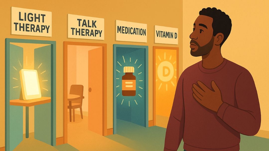 Person considering seasonal depression treatment options including light therapy and medication.