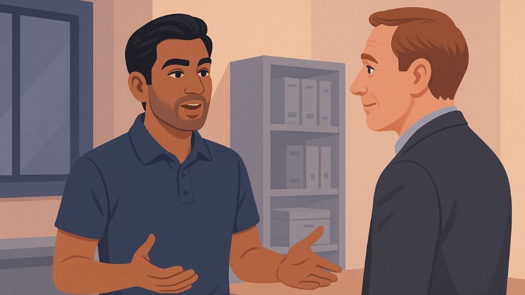 Two men engaging in open communication demonstrating adult secure attachment in professional relationship.