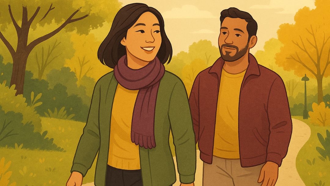 Couple demonstrating adult secure attachment while walking together in park with comfortable closeness.