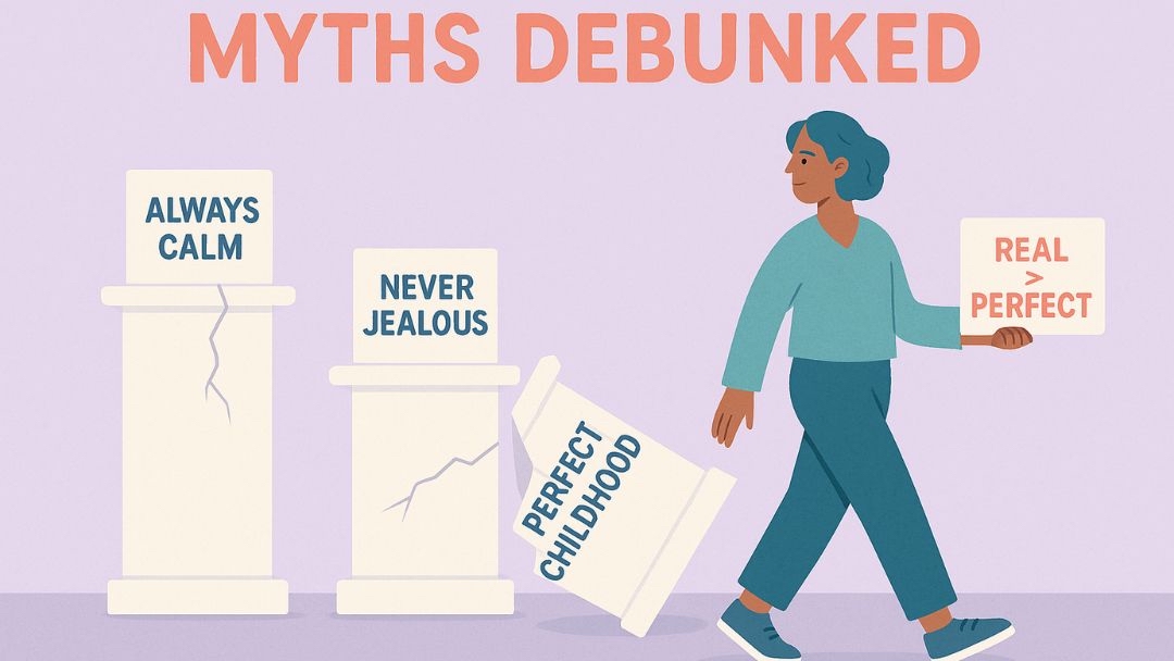 Person debunking secure attachment myths including always calm, never jealous, and perfect childhood.