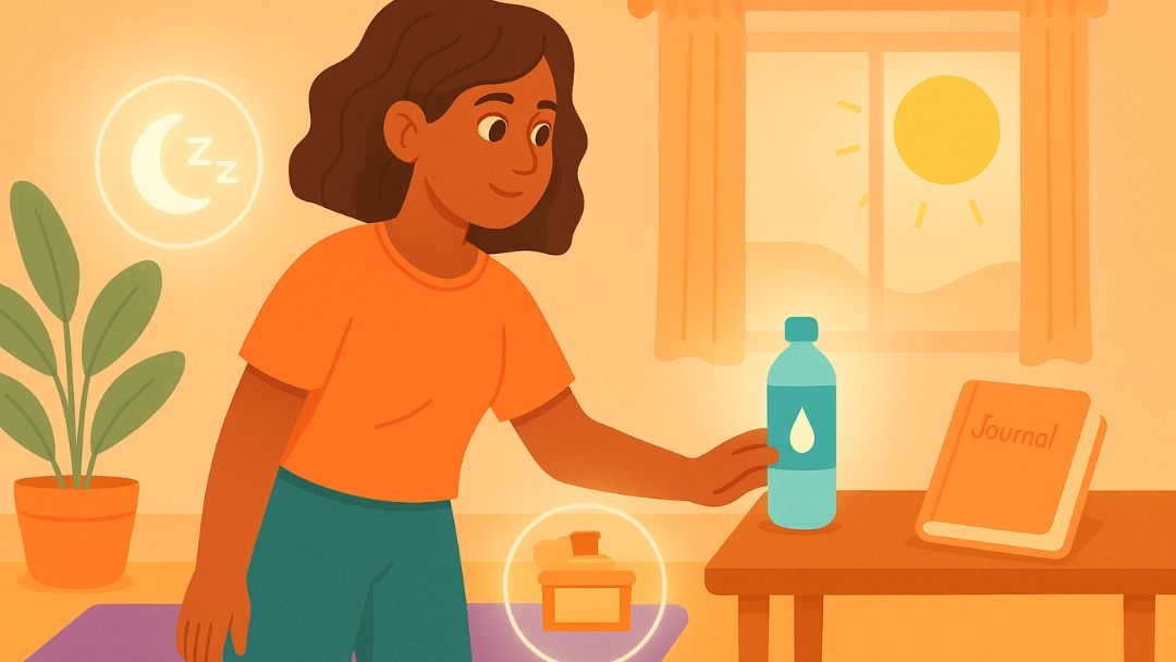 Woman practicing self-care strategies to prevent situational depression through sleep, hydration, and journaling.