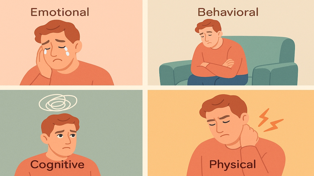 Situational depression symptoms including emotional distress, behavioral withdrawal, cognitive confusion, and physical pain.