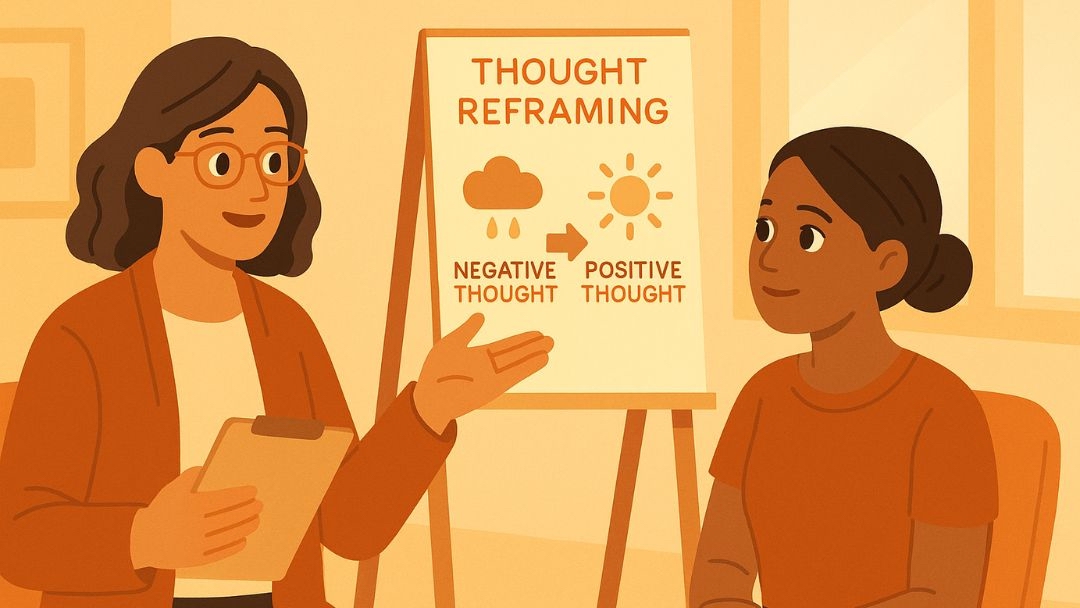 Therapist teaching cognitive reframing techniques for situational depression treatment.