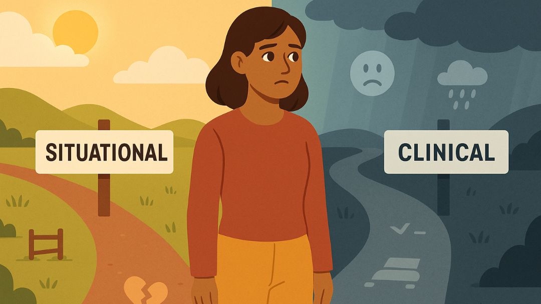 Comparison between situational depression and clinical depression showing different paths and severity.