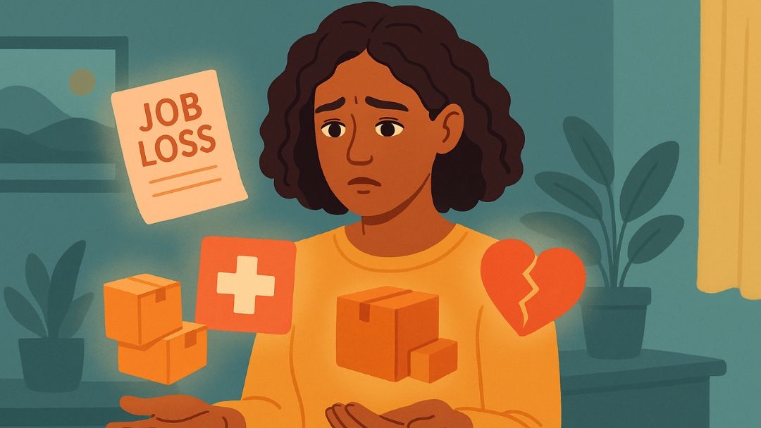 Woman experiencing situational depression from job loss, moving, medical issues, and relationship breakup.