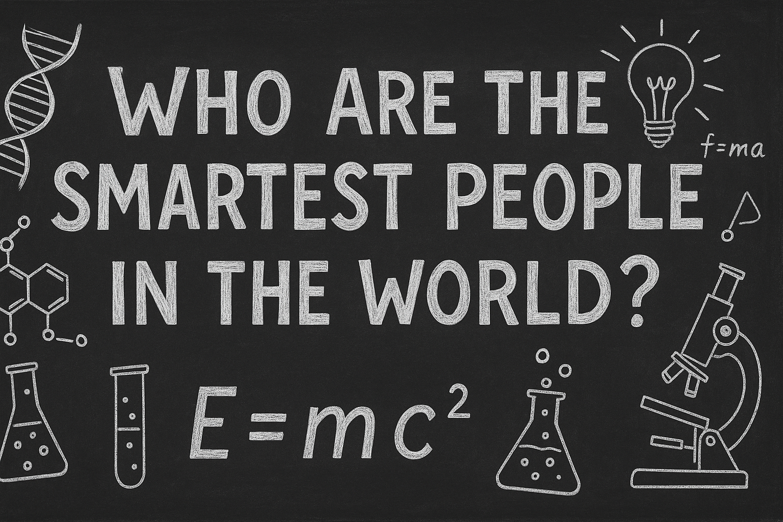 Chalkboard asking 'Who are the smartest people in the world?' with scientific formulas and symbols representing genius-level intelligence and highest IQ scores.