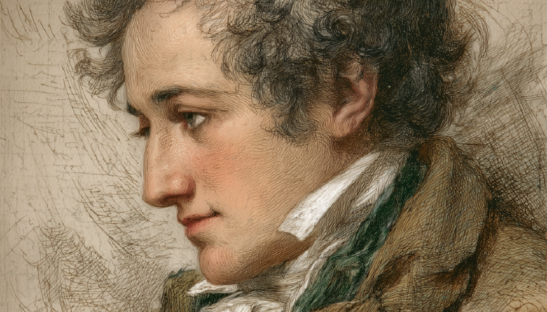 Classical sketch portrait of Johann Wolfgang von Goethe, German writer, scientist, and philosopher with estimated IQ of 215, among the smartest people in world literature.