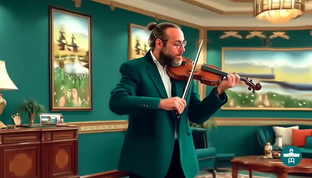 Marnen Laibow-Koser playing violin in elegant room, American composer and multi-instrumentalist with reported IQ of 268, among the smartest people in the world.
