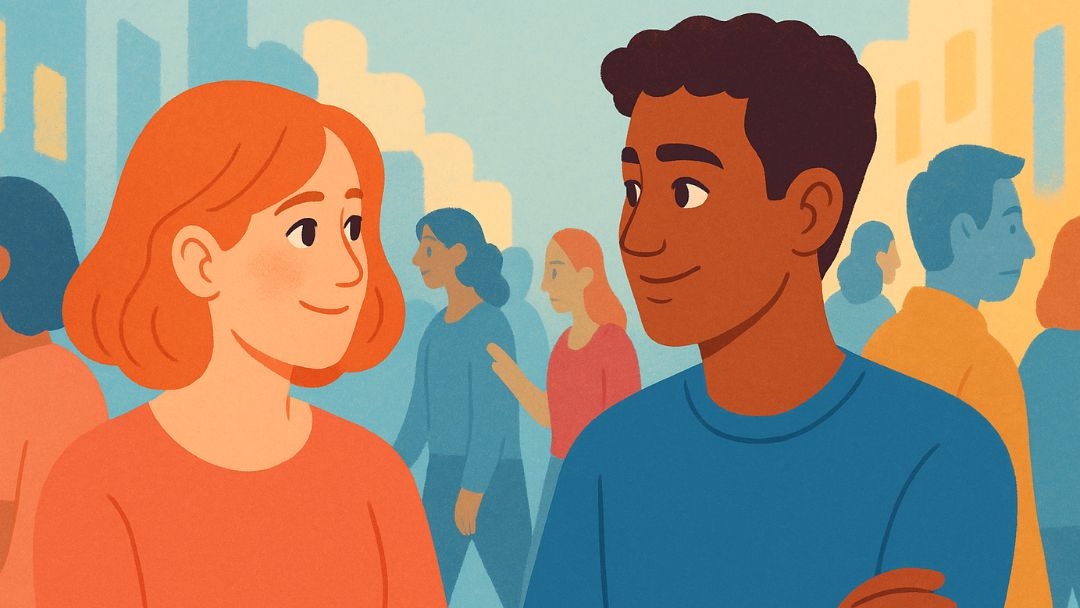 Two people using social cues to communicate effectively in crowded setting.