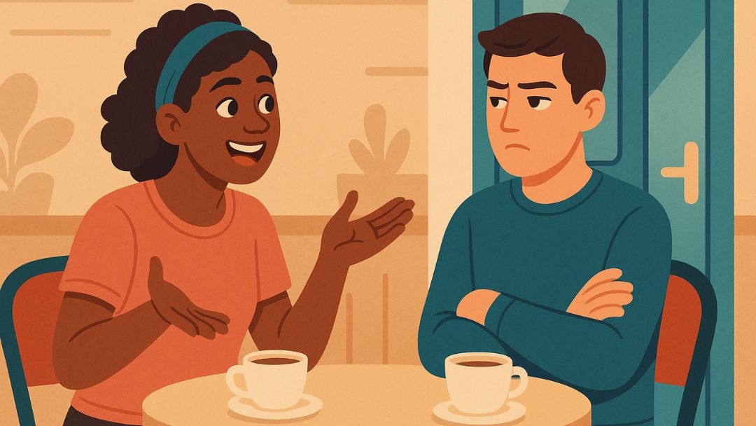 Contrasting social cues shown through facial expressions and body language.