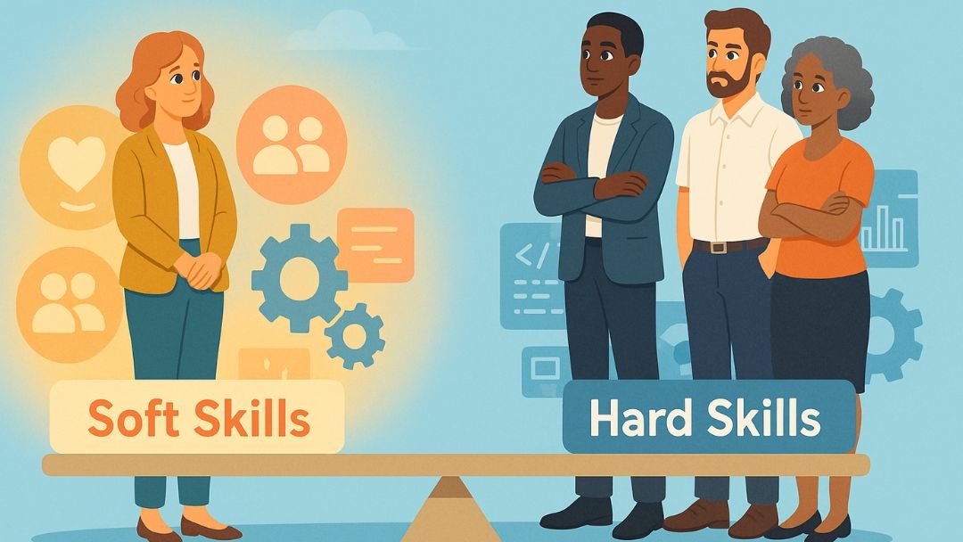 Balanced professionals demonstrating equal importance of soft vs hard skills in workplace.