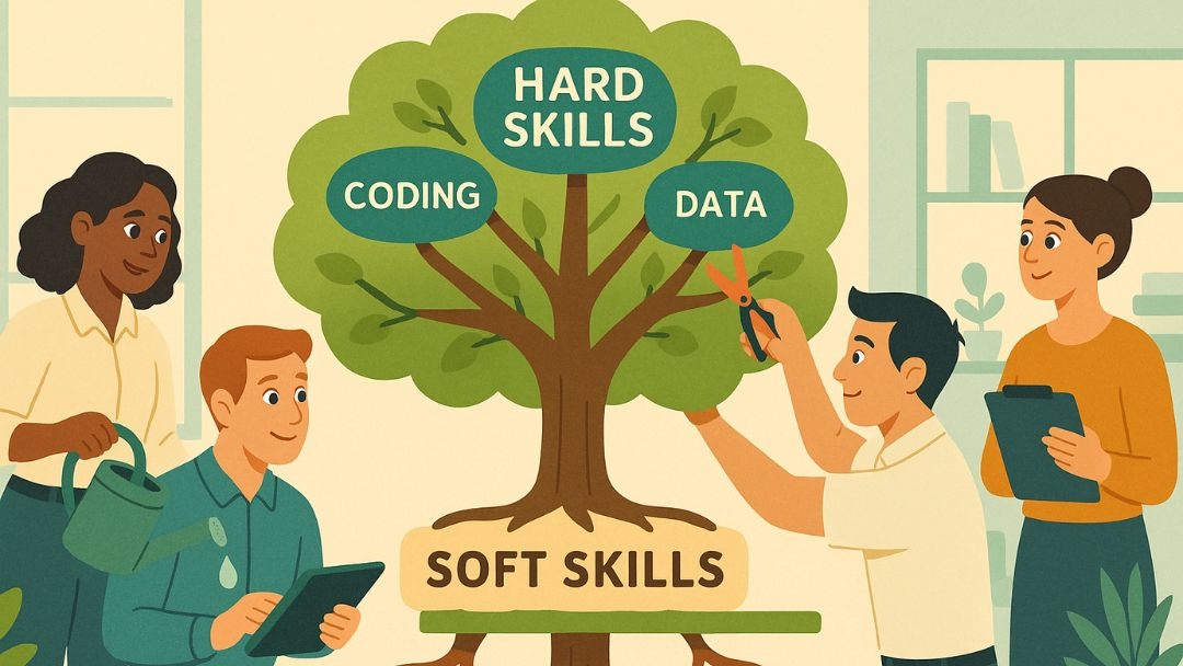 Visual comparison of soft vs hard skills showing technical abilities and interpersonal competencies.