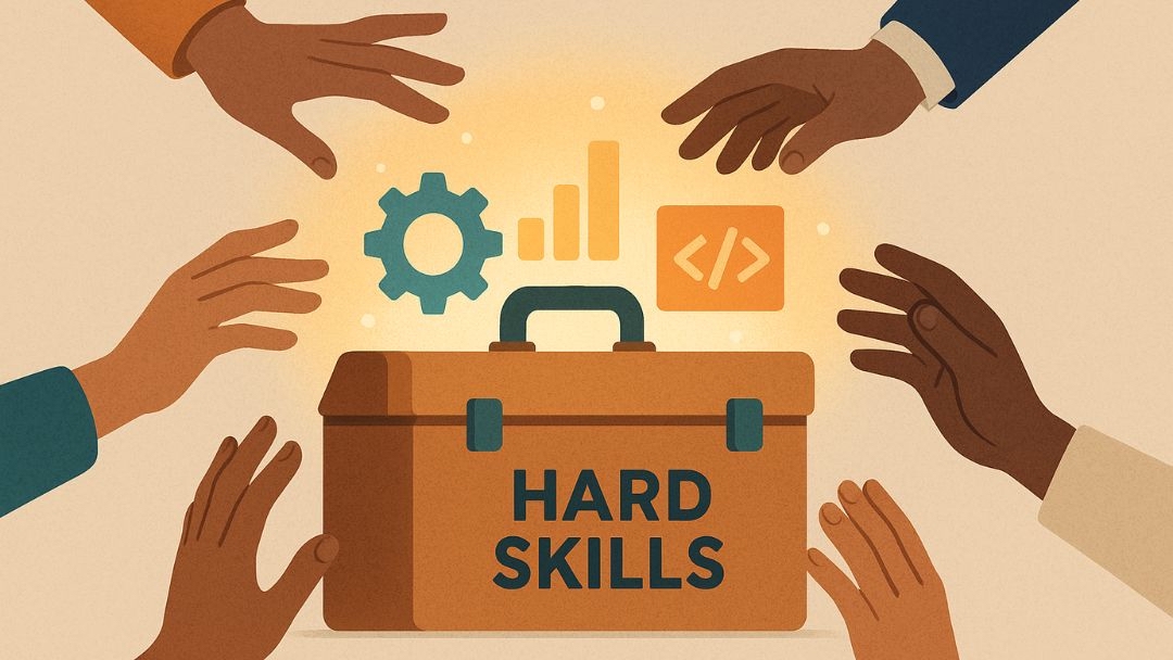 Diverse professionals contributing hard skills including coding, data analysis, and technical expertise.