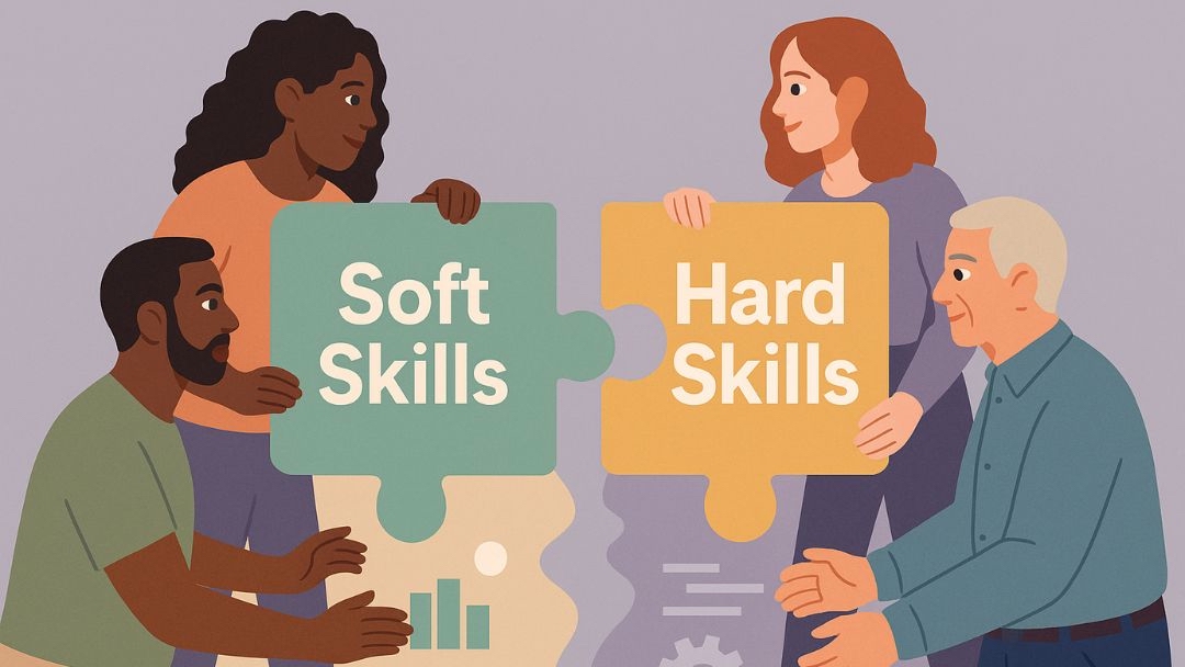 Team connecting soft vs hard skills puzzle pieces showing both are essential for success.