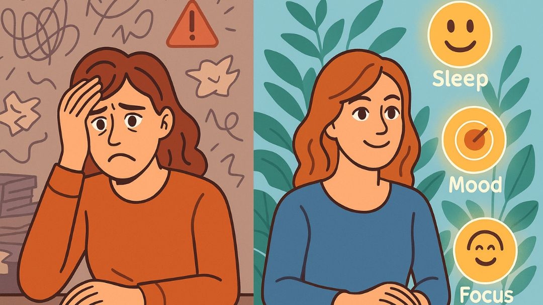 Stress management benefits showing improved sleep mood and focus through effective techniques.