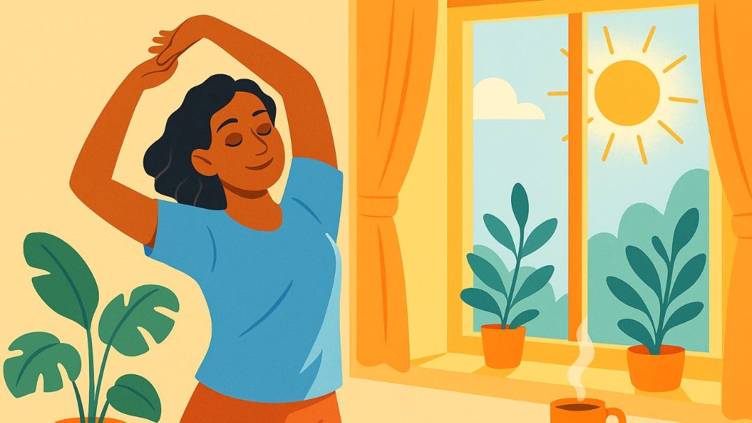 Stress management success through relaxation exercises and healthy morning routine.