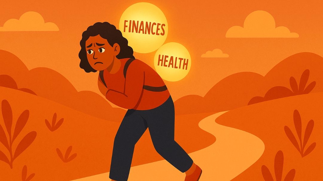 Stress management illustration showing person burdened by health and financial stress concerns.