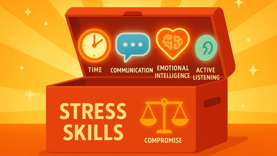 Stress management skills toolkit featuring time management communication and emotional intelligence techniques.