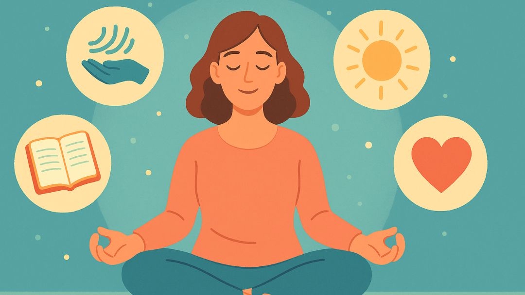 Teacher practicing self-care strategies to prevent burnout through mindfulness, reading, rest, and wellness.