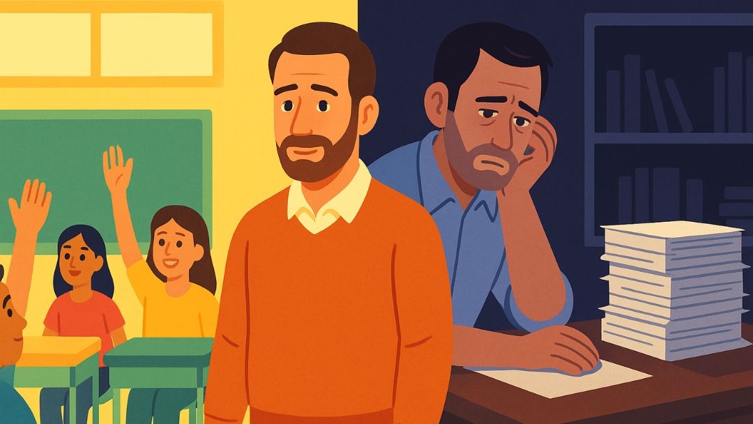 Teacher experiencing burnout symptoms from emotional exhaustion and overwhelming workload demands.