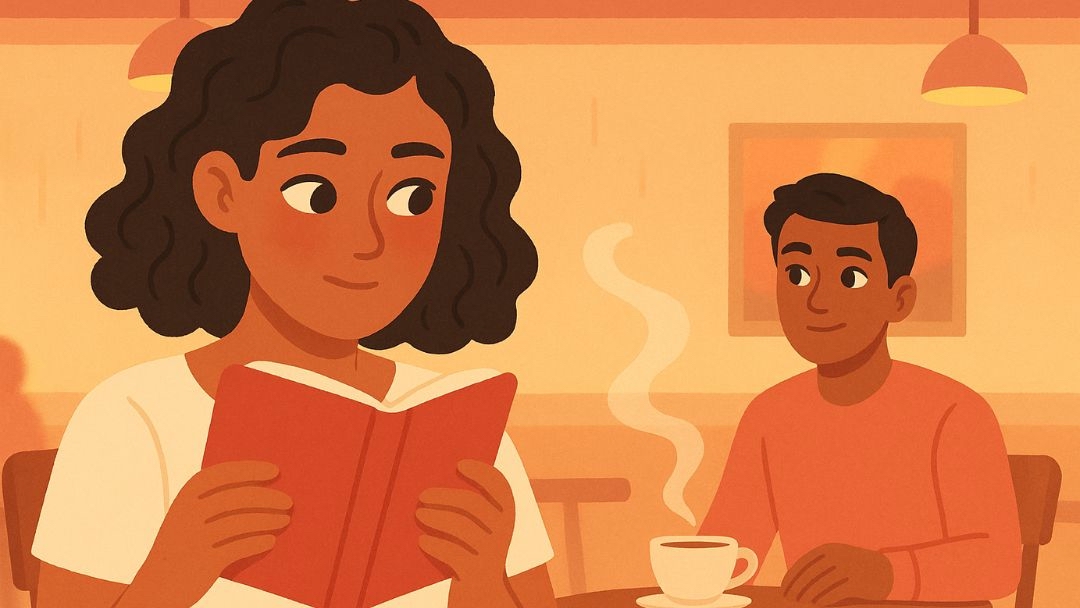 Woman nervously preparing to tell someone she likes them at coffee shop.