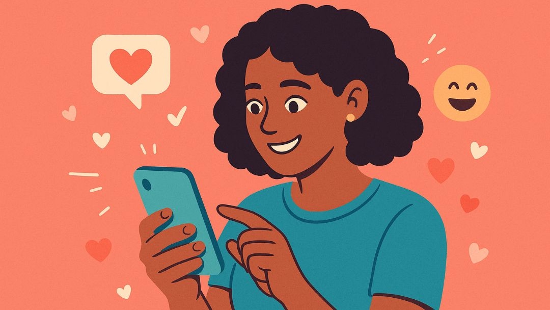 Woman texting to tell someone she likes them with confidence and excitement.