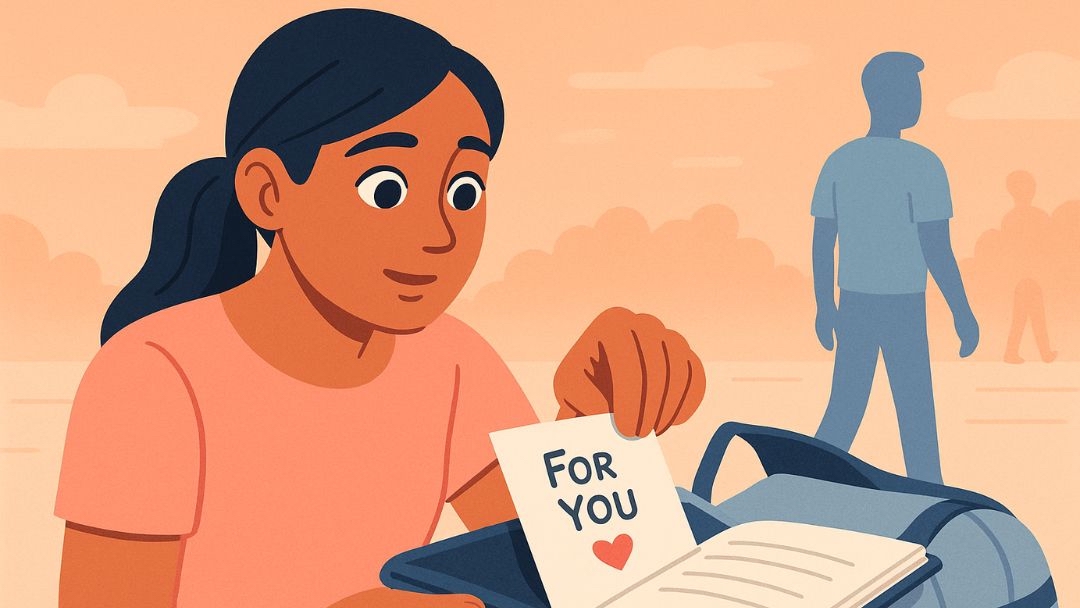 Woman writing note to tell someone she likes them with crush in background.