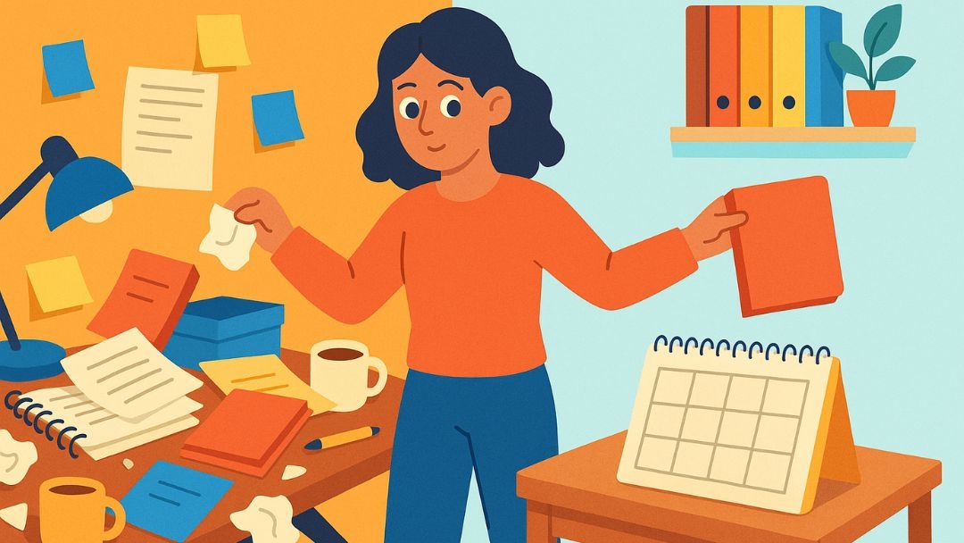 Person organizing cluttered workspace demonstrating time management skills and decluttering.