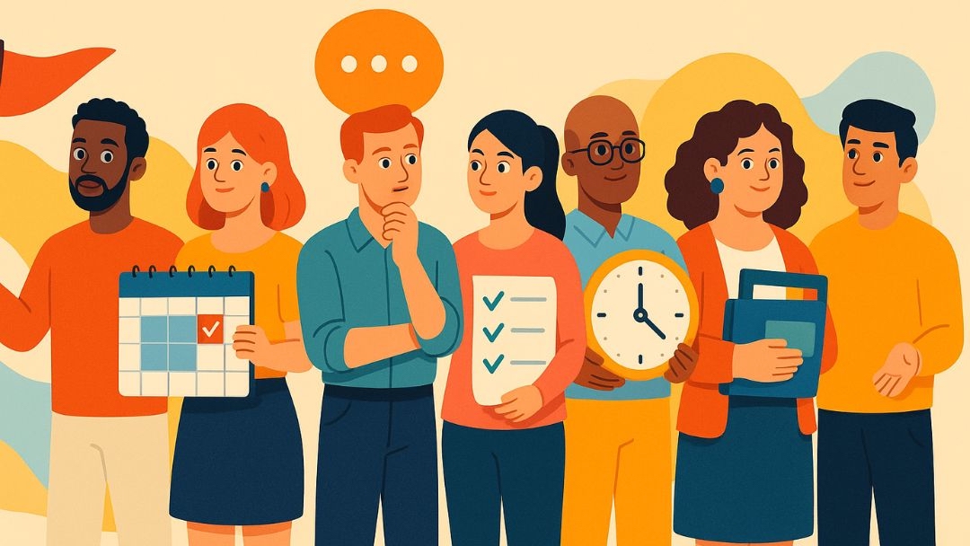 Diverse group displaying core time management skills with calendars, checklists, and clocks.