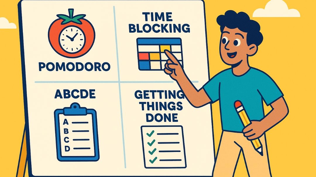 Person reviewing time management techniques including Pomodoro, time blocking, and task prioritization.