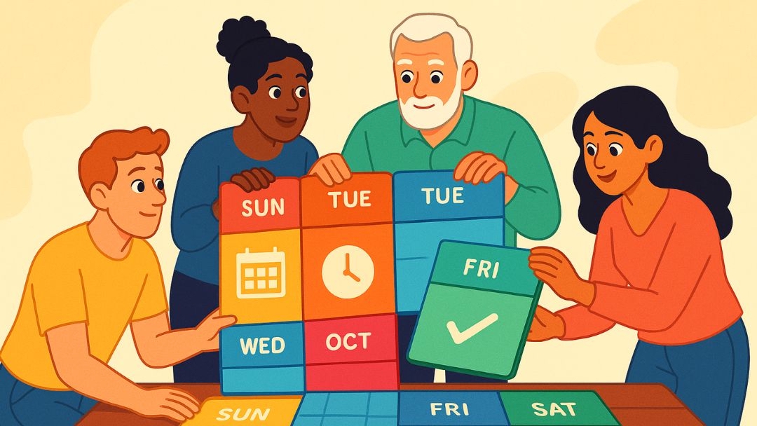 Group organizing calendar blocks demonstrating effective time management skills and scheduling.