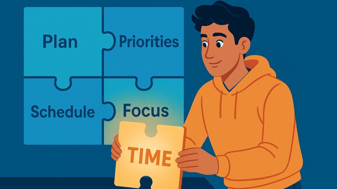 Person using time management to reduce stress through planning, priorities, scheduling, and focus.