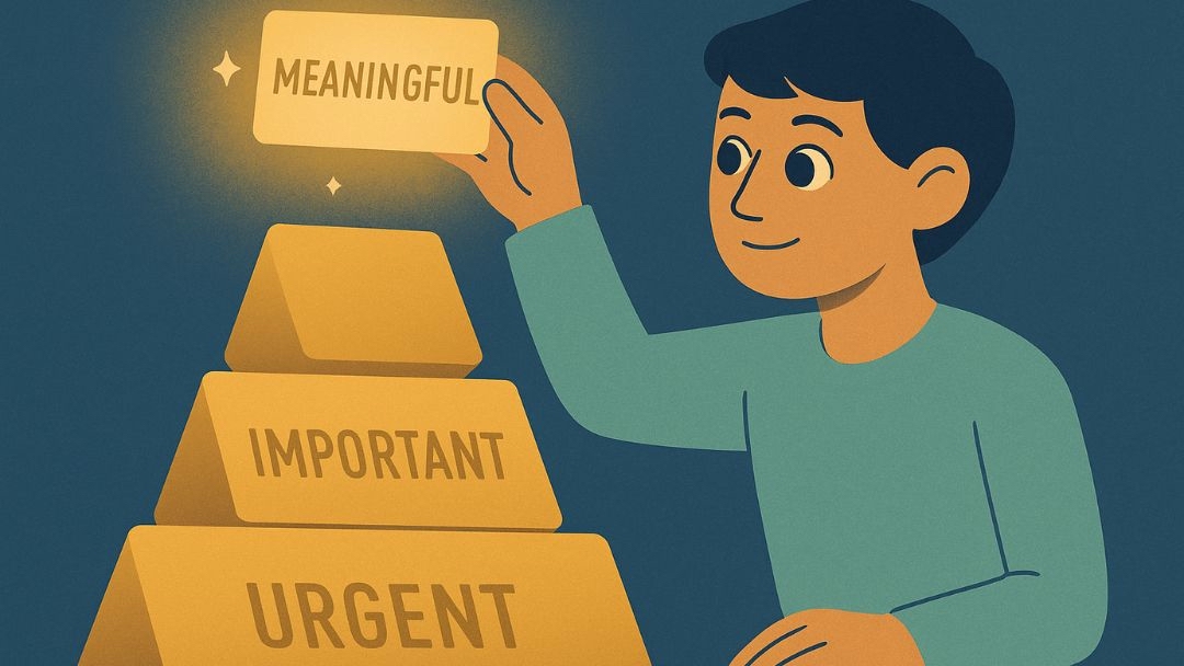 Person organizing to-do list by priority levels from urgent to meaningful tasks.