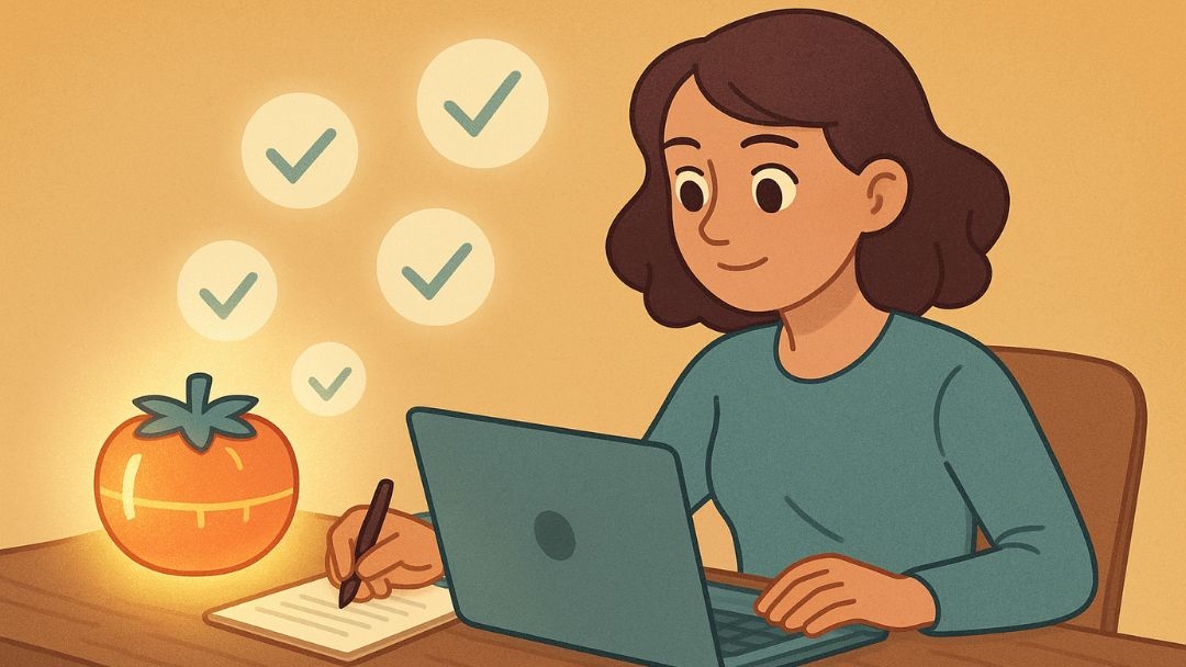 Person using Pomodoro technique timer while completing to-do list tasks efficiently.