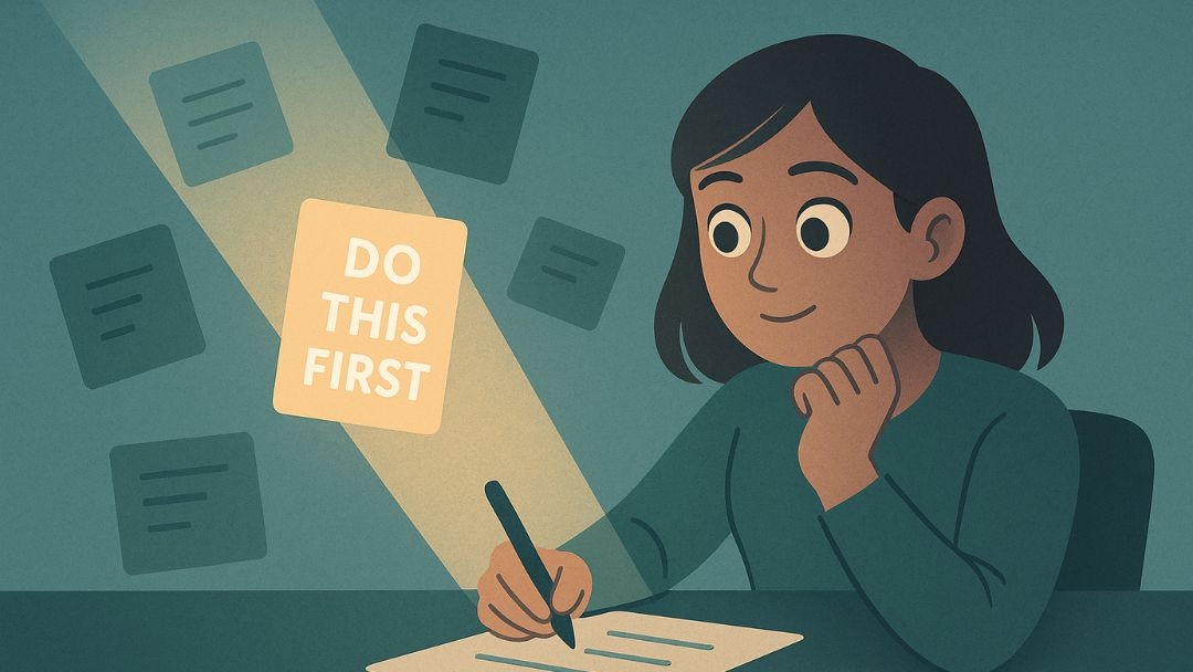 Person prioritizing to-do list tasks by identifying most important action item first.