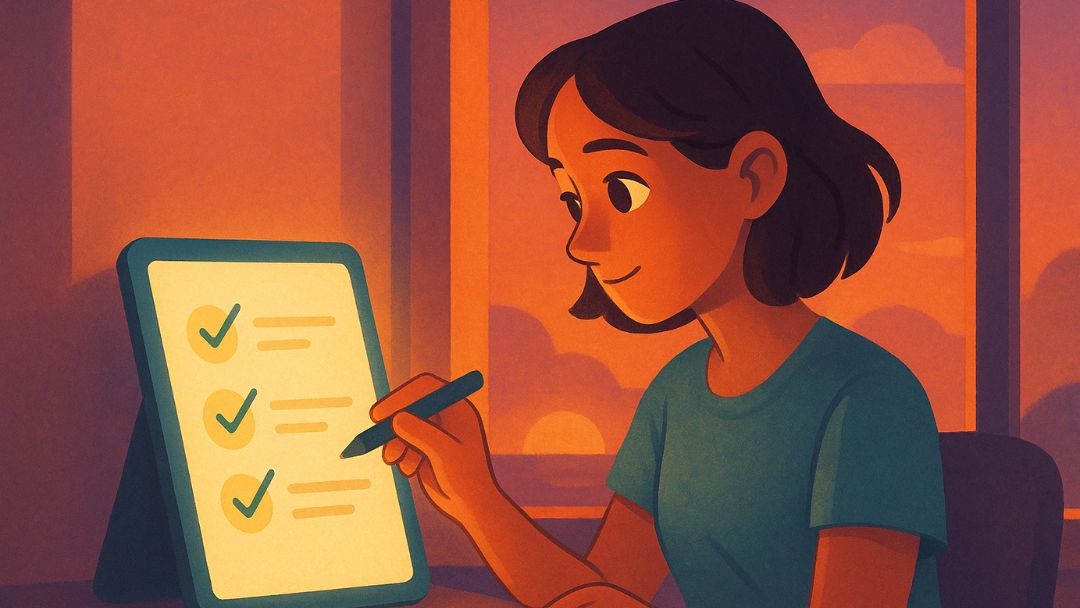 Person completing digital to-do list tasks with stylus for goal-oriented productivity.