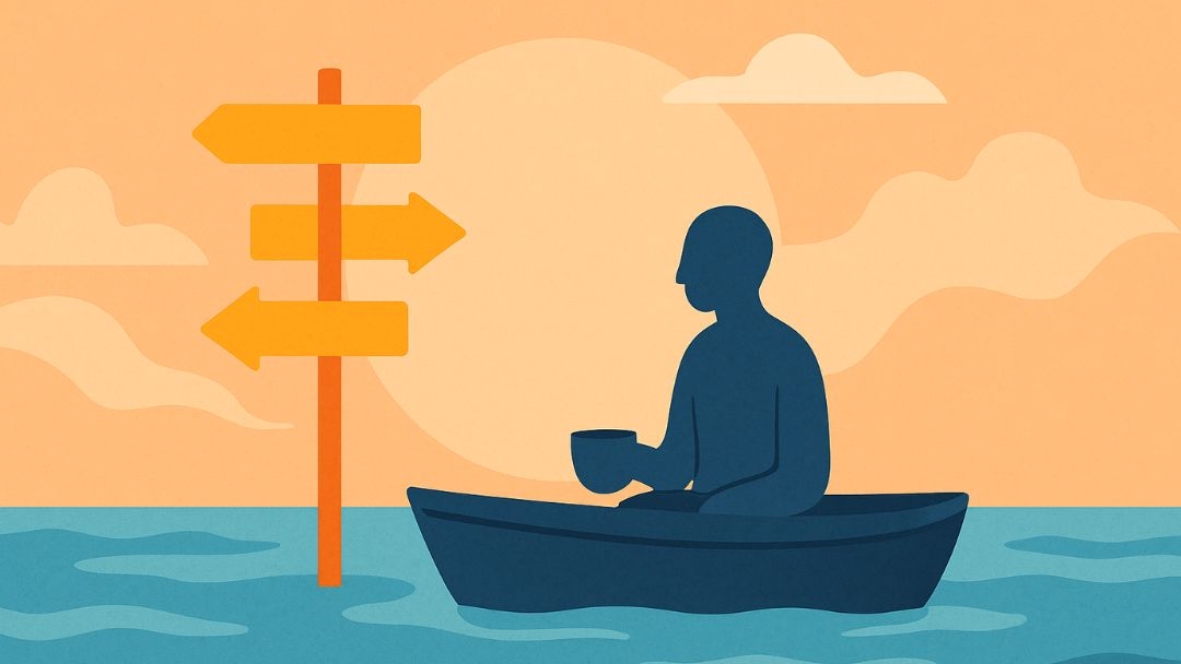 Person in boat facing multiple directions illustrating type B personality weakness of indecisiveness.
