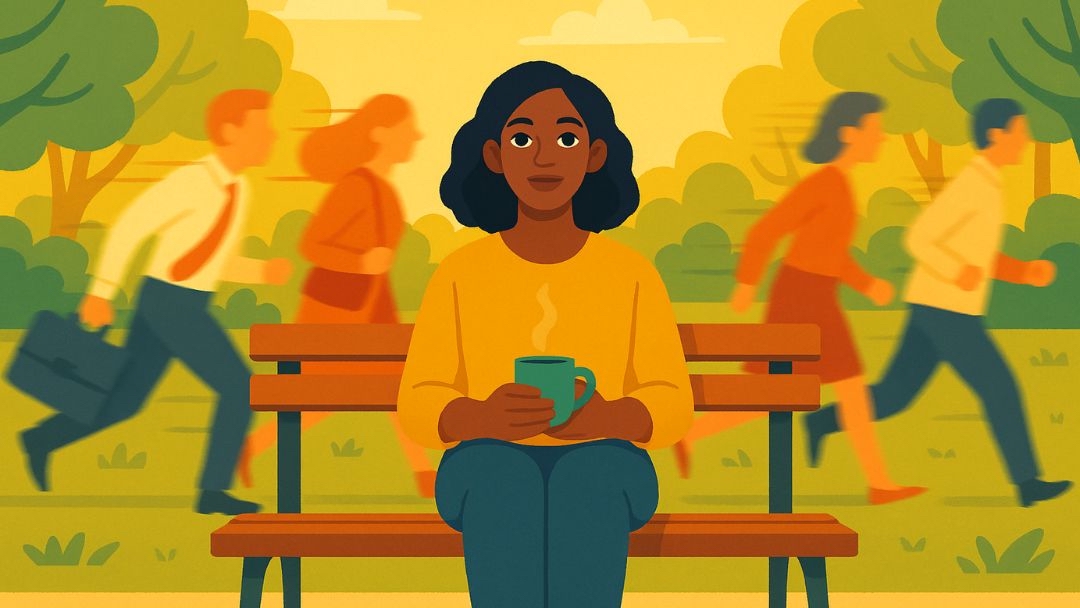 Calm woman with type B personality relaxing on park bench while busy people rush around her.