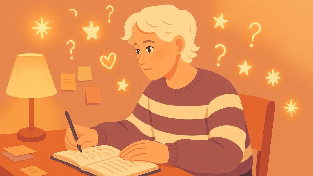 Person journaling with curious thoughts to understand self better through reflection.