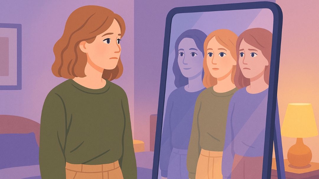 Woman reflecting in mirror exploring different aspects to understand self better.