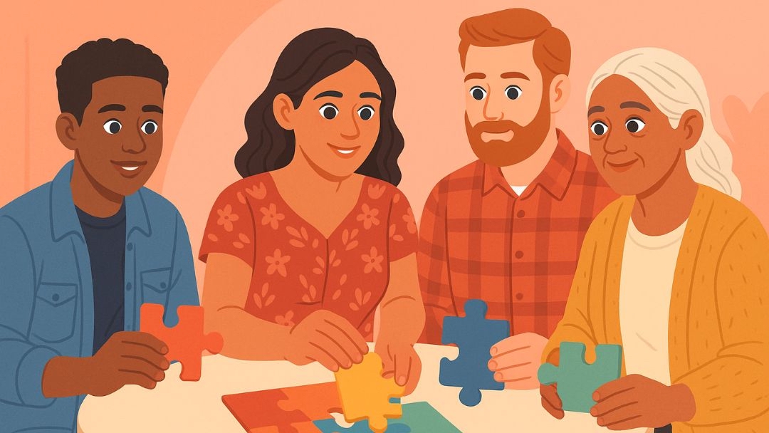 Diverse group connecting puzzle pieces showing how relationships help understand self better.