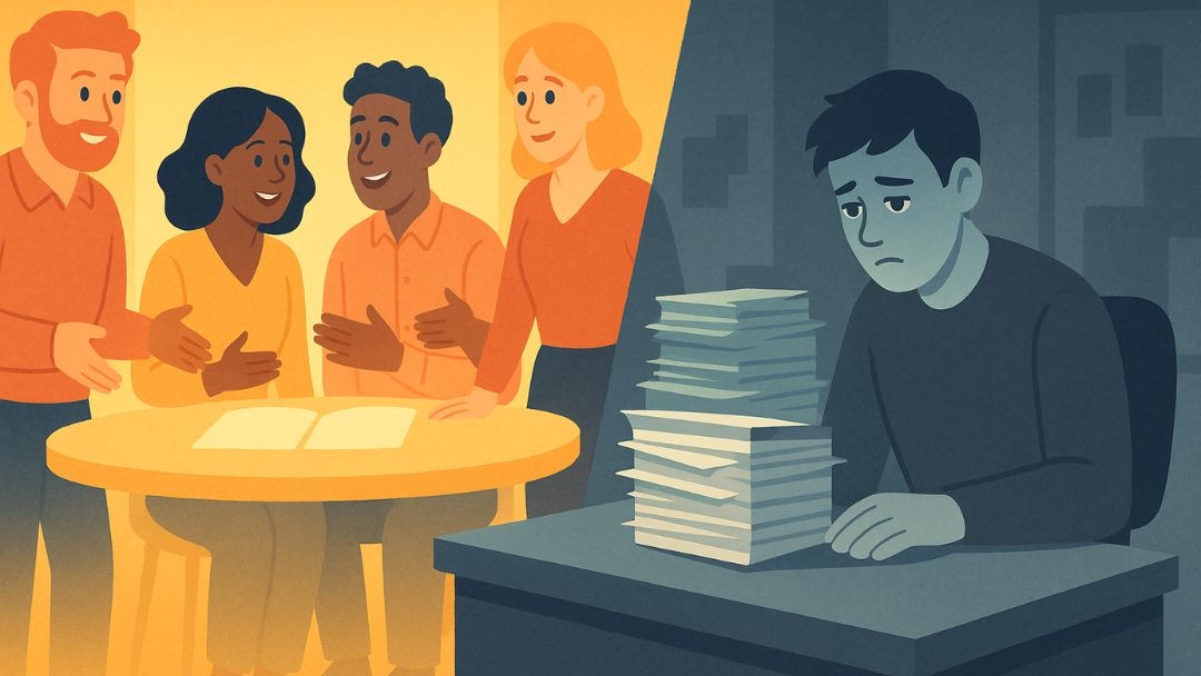 Unequal recognition showing workplace unfair treatment between happy team and isolated overworked employee.