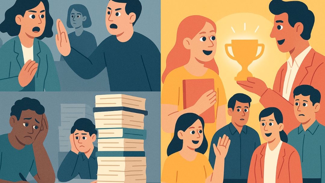 Delayed growth and unfair workplace treatment showing favoritism and excluded employees.