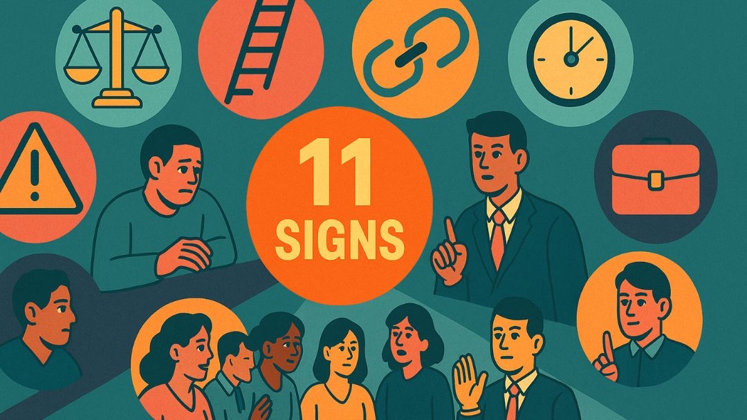 11 signs of unfair treatment in the workplace with icons and diverse employees.
