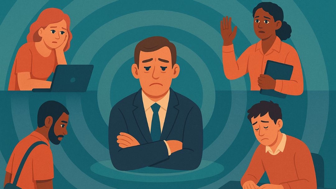 Stressed employee surrounded by coworkers experiencing unfair treatment at work.