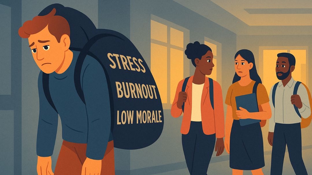 Employee carrying burden of stress and burnout from unfair treatment at work.