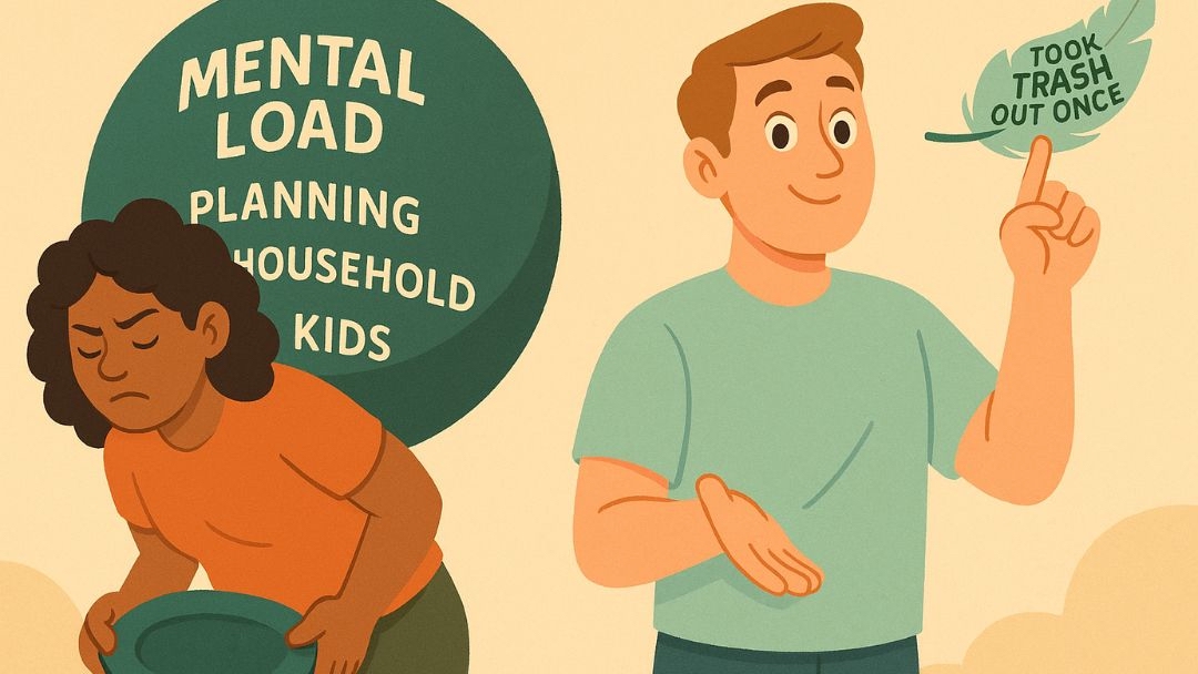 Illustration showing weaponized incompetence in relationships with stressed partner carrying mental load while other dismisses household responsibilities.